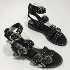 Summer Multiple Buckle Sandals  Ankle Wrap Women Sandals Open Toe Metal Back Strap Flat Heels Flat Sandals Open Toe Summer's Sandals For Women Cute Open Toes Ankle Strap Flexible Summer Flat Sandals Stevvex