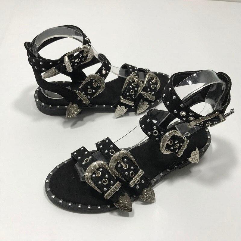 Summer Multiple Buckle Sandals  Ankle Wrap Women Sandals Open Toe Metal Back Strap Flat Heels Flat Sandals Open Toe Summer's Sandals For Women Cute Open Toes Ankle Strap Flexible Summer Flat Sandals Stevvex