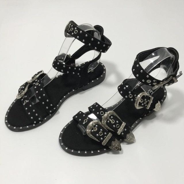 Summer Multiple Buckle Sandals  Ankle Wrap Women Sandals Open Toe Metal Back Strap Flat Heels Flat Sandals Open Toe Summer's Sandals For Women Cute Open Toes Ankle Strap Flexible Summer Flat Sandals Stevvex