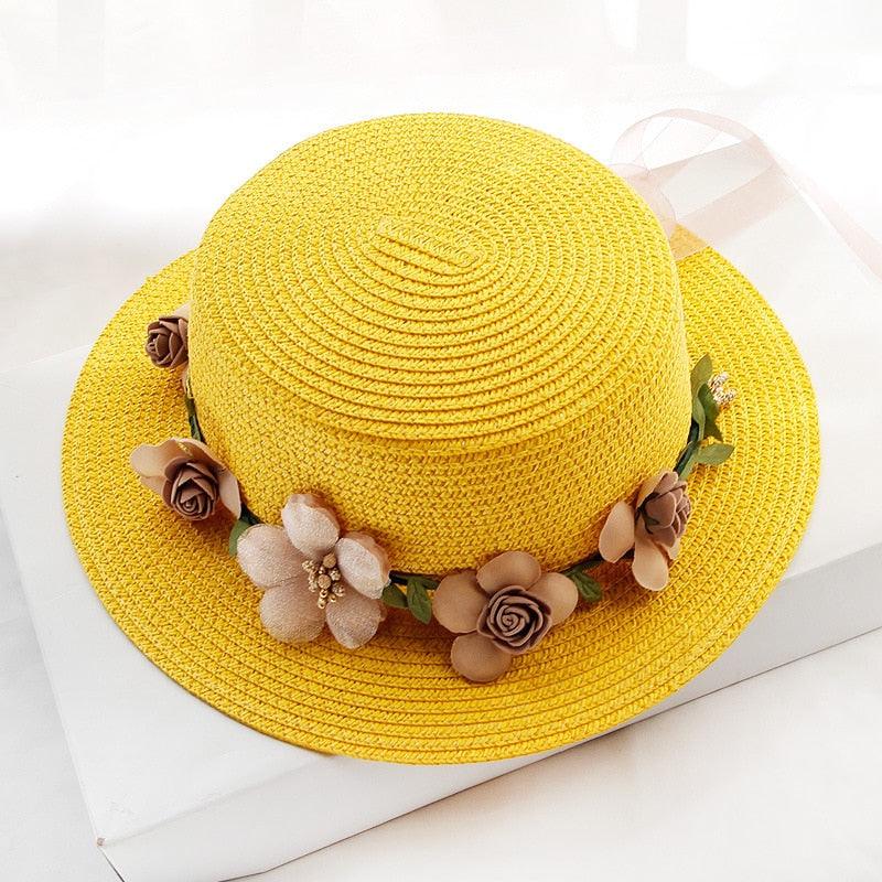 Summer New Sun Hat Stylish Bowknot Straw Hat For Women Beach Caps Parent-child Summer New Women's Sun Hat Bucket Cap Beige Flowers Ribbon Party Straw Hat For Women Stevvex