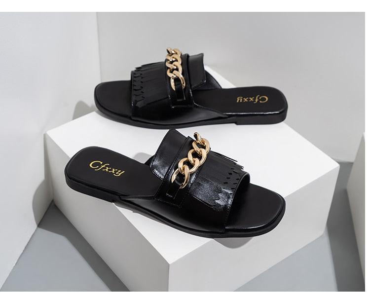 Summer New Women Slippers Open-Toe Flat Slippers Fashion Buckle Beach Slides Casual Flip Flops Women Shoes Slip On Comfortable Pointed Toe Loafers Women Luxury Black Sandals Stevvex