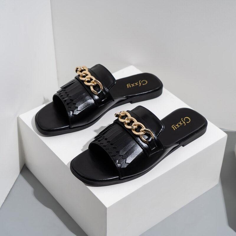 Summer New Women Slippers Open-Toe Flat Slippers Fashion Buckle Beach Slides Casual Flip Flops Women Shoes Slip On Comfortable Pointed Toe Loafers Women Luxury Black Sandals Stevvex