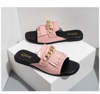 Summer New Women Slippers Open-Toe Flat Slippers Fashion Buckle Beach Slides Casual Flip Flops Women Shoes Slip On Comfortable Pointed Toe Loafers Women Luxury Black Sandals Stevvex