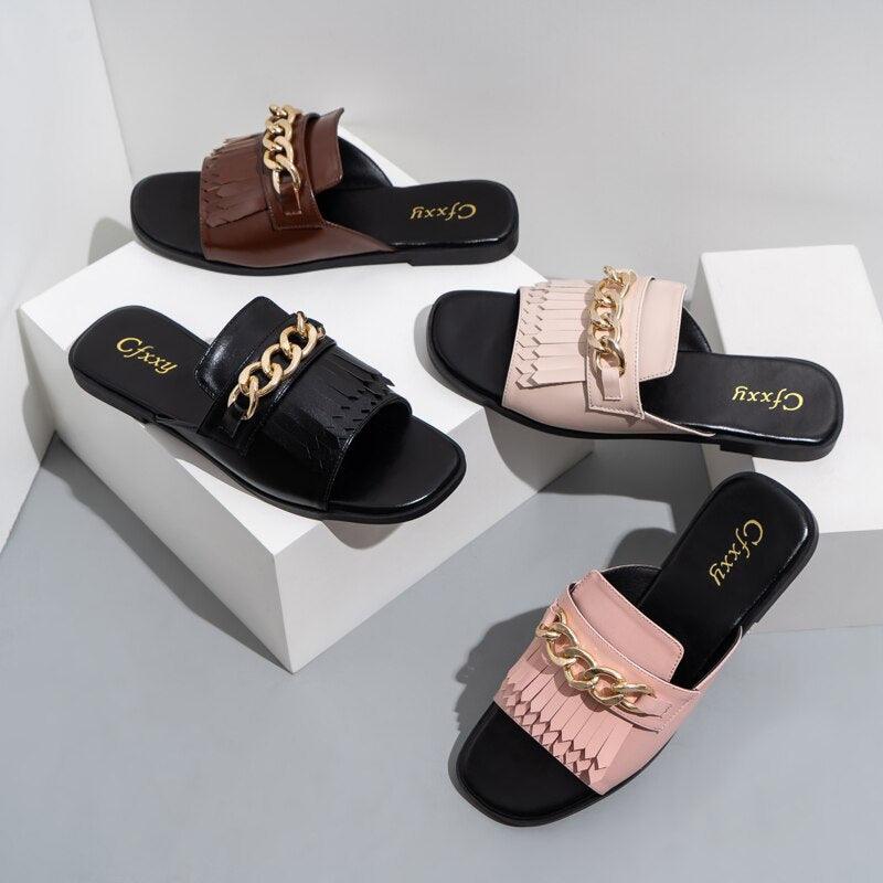 Summer New Women Slippers Open-Toe Flat Slippers Fashion Buckle Beach Slides Casual Flip Flops Women Shoes Slip On Comfortable Pointed Toe Loafers Women Luxury Black Sandals Stevvex
