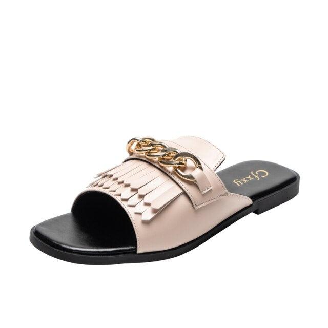 Summer New Women Slippers Open-Toe Flat Slippers Fashion Buckle Beach Slides Casual Flip Flops Women Shoes Slip On Comfortable Pointed Toe Loafers Women Luxury Black Sandals Stevvex