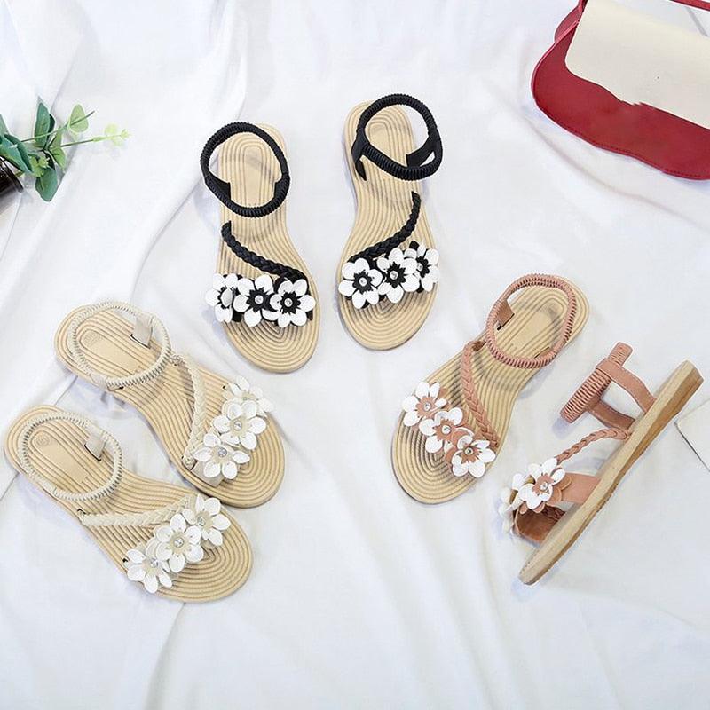 Summer Shoes Woman Sandals Elastic Ankle Strap Flat Sandals Flowers Beach Ankle Strap Sandals Slip On Flat Sandal Elastic Comfort Summer Shoes Comfortable Quick-Drying Casual Sandal Stevvex