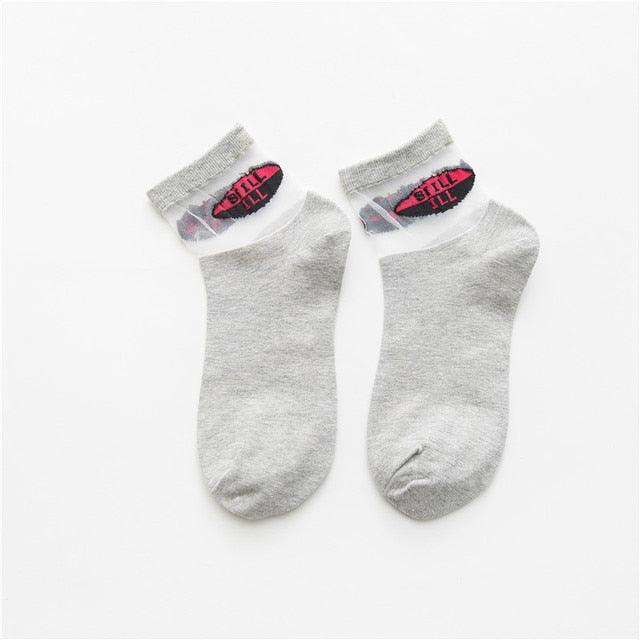 Summer Transparent Letter Patterned Socks Women Hollow Out Cotton Short Socks Thin Casual Ankle Socks Made Of Breathable Cotton Boat Socks For Women Stevvex