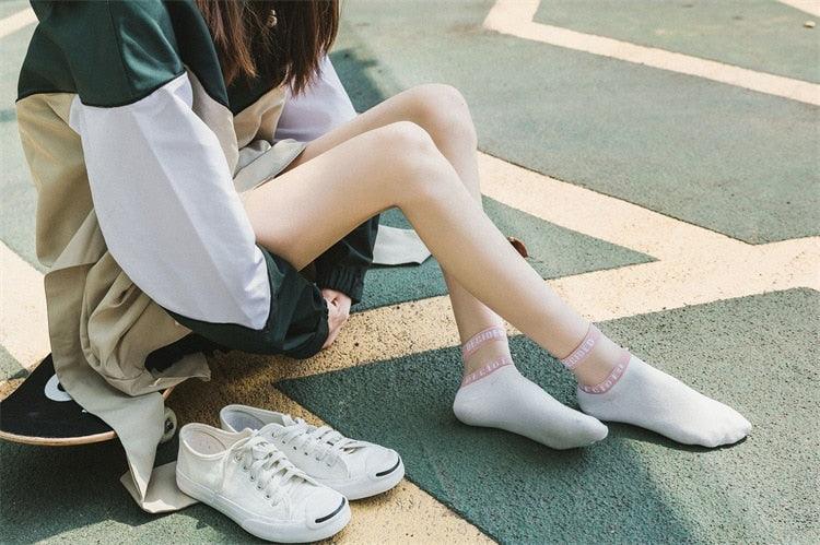 Summer Transparent Letter Patterned Socks Women Hollow Out Cotton Short Socks Thin Casual Ankle Socks Made Of Breathable Cotton Boat Socks For Women Stevvex