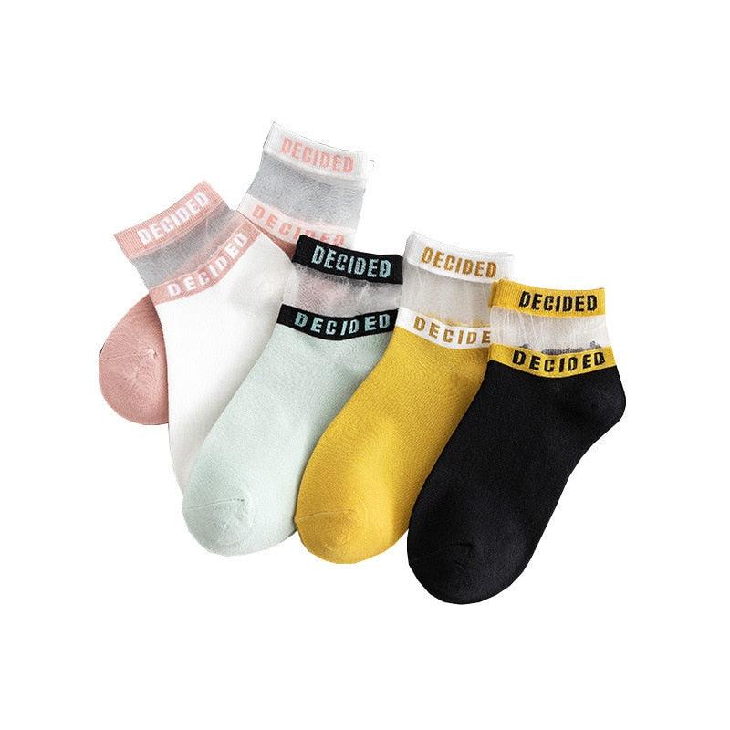 Summer Transparent Letter Patterned Socks Women Hollow Out Cotton Short Socks Thin Casual Ankle Socks Made Of Breathable Cotton Boat Socks For Women Stevvex