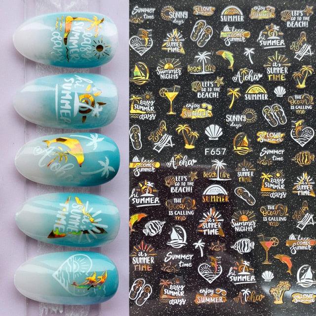 Summer Tropical Beach Coconut Tree Slippers 3D Nail Sticker Leaves Shell Transfer Decals Slider Decoration Manicures  Tip Water Transfer Nail Decals Sticker For Pretty Girl Self-Adhesive Nail Decals Designer Nail Stickers for Acrylic Stevvex