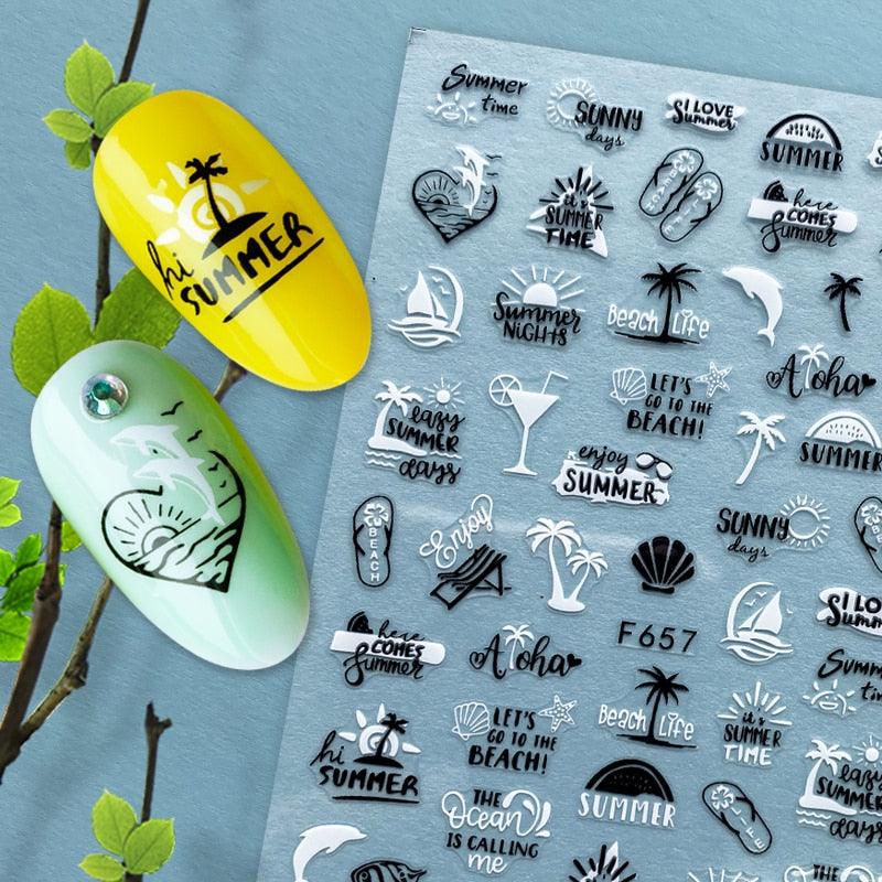 Summer Tropical Beach Coconut Tree Slippers 3D Nail Sticker Leaves Shell Transfer Decals Slider Decoration Manicures  Tip Water Transfer Nail Decals Sticker For Pretty Girl Self-Adhesive Nail Decals Designer Nail Stickers for Acrylic Stevvex