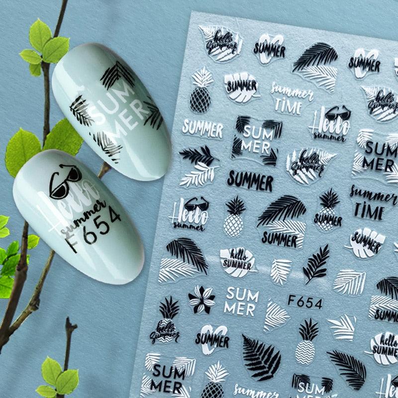 Summer Tropical Beach Coconut Tree Slippers 3D Nail Sticker Leaves Shell Transfer Decals Slider Decoration Manicures  Tip Water Transfer Nail Decals Sticker For Pretty Girl Self-Adhesive Nail Decals Designer Nail Stickers for Acrylic Stevvex
