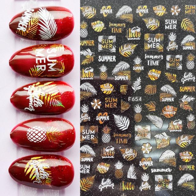 Summer Tropical Beach Coconut Tree Slippers 3D Nail Sticker Leaves Shell Transfer Decals Slider Decoration Manicures  Tip Water Transfer Nail Decals Sticker For Pretty Girl Self-Adhesive Nail Decals Designer Nail Stickers for Acrylic Stevvex