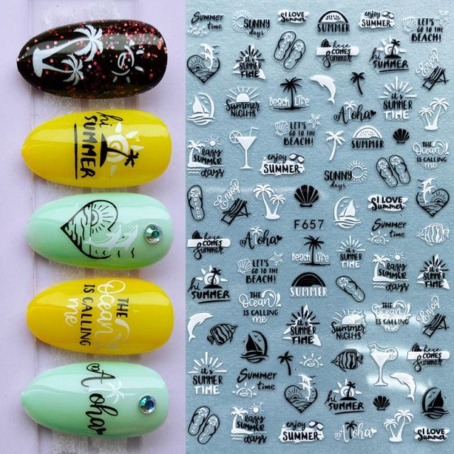 Summer Tropical Beach Coconut Tree Slippers 3D Nail Sticker Leaves Shell Transfer Decals Slider Decoration Manicures  Tip Water Transfer Nail Decals Sticker For Pretty Girl Self-Adhesive Nail Decals Designer Nail Stickers for Acrylic Stevvex