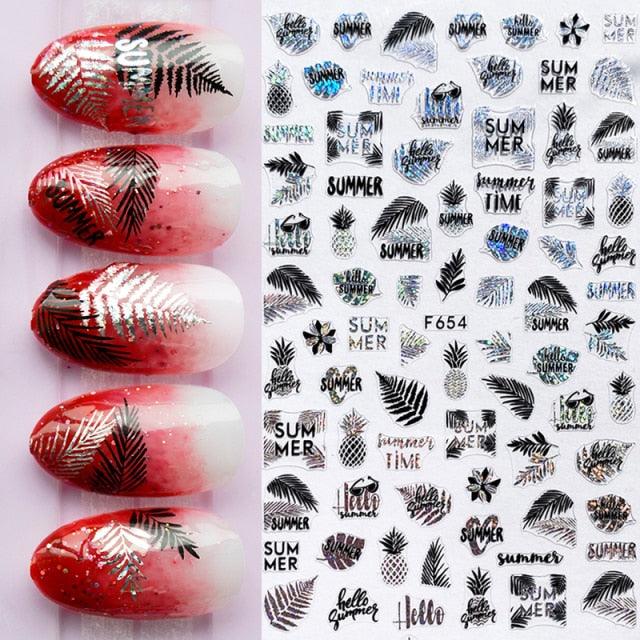 Summer Tropical Beach Coconut Tree Slippers 3D Nail Sticker Leaves Shell Transfer Decals Slider Decoration Manicures  Tip Water Transfer Nail Decals Sticker For Pretty Girl Self-Adhesive Nail Decals Designer Nail Stickers for Acrylic Stevvex