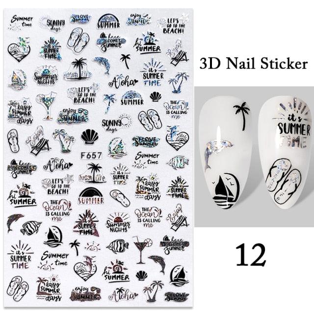 Summer Tropical Beach Coconut Tree Slippers 3D Nail Sticker Leaves Shell Transfer Decals Slider Decoration Manicures  Tip Water Transfer Nail Decals Sticker For Pretty Girl Self-Adhesive Nail Decals Designer Nail Stickers for Acrylic Stevvex