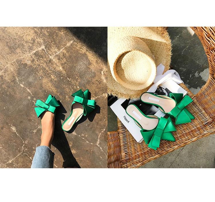 Summer Women's Shoes Silk Satin Trendy Slippers Flat Heel Women's Shoes Silk Satin Pointed Bow Tie Flat Heel Outdoor Sandals Slides Party Sandals Casual Shoes Summer Low Heeled Stevvex