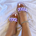 Summer Women's Slippers Flats Metal Chain Slides Square Toe Flip Flops Woman Beach Slipper Beach Open Toe Flat Slippers Fashion Golden Chain Luxury Slide Flip Flops Slip On Outdoor Slipper