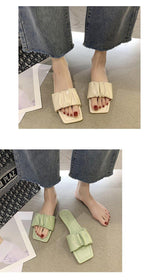 Summer Women Sandals Slippers Pleated Flip Flop Casual Beach Square Open Toe Shoes Outdoor Slippers Open Toe Flat Sandals Slip On Slide Sandals Strap Flat Sandals