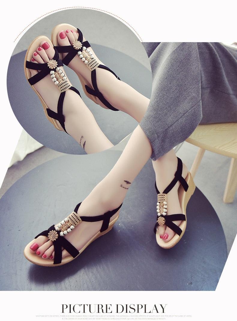 Summer Women Sandals Soft Comfortable Modern Shoes Flat Pearl Sandals Comfortable Ankle Strap Sandals Slip On Flat Sandal Elastic Comfort Summer Shoes Stevvex
