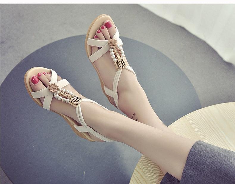 Summer Women Sandals Soft Comfortable Modern Shoes Flat Pearl Sandals Comfortable Ankle Strap Sandals Slip On Flat Sandal Elastic Comfort Summer Shoes Stevvex