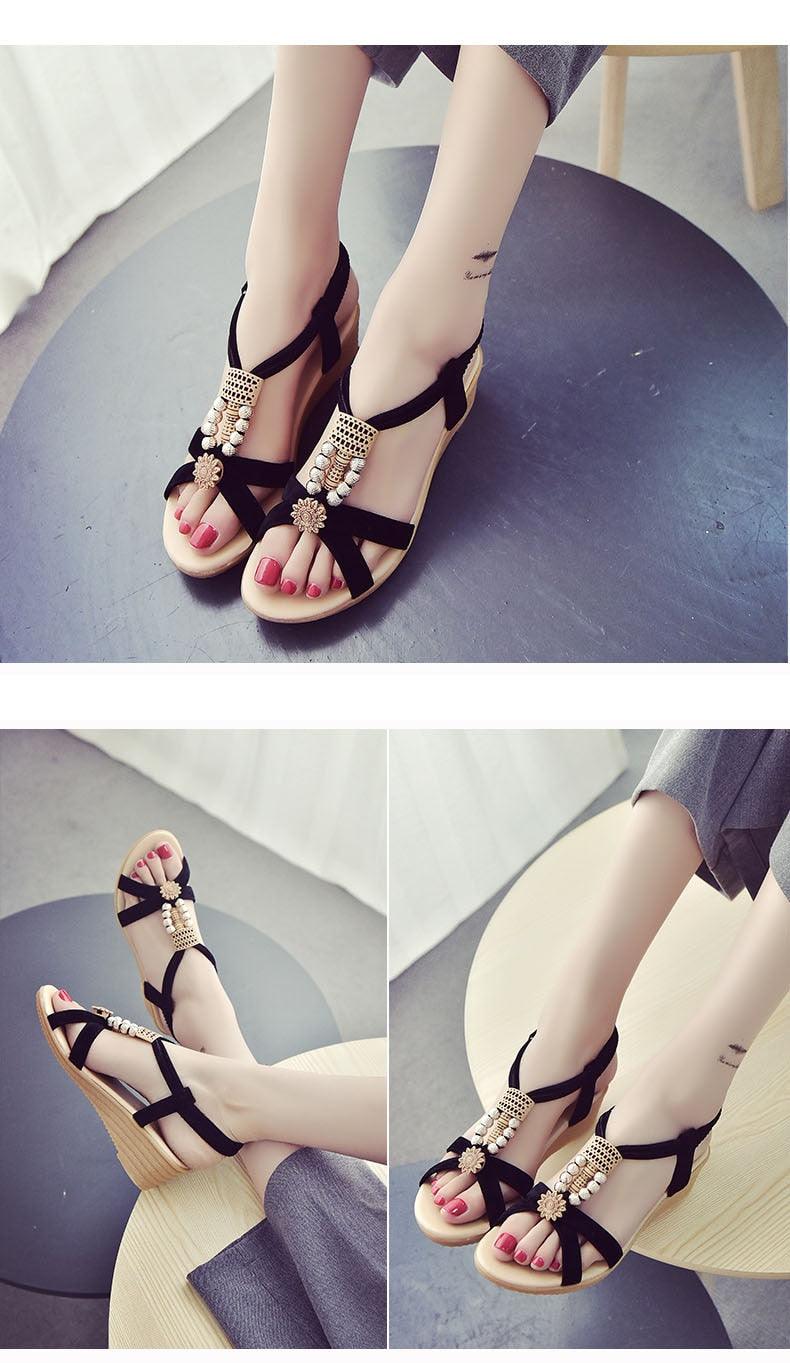 Summer Women Sandals Soft Comfortable Modern Shoes Flat Pearl Sandals Comfortable Ankle Strap Sandals Slip On Flat Sandal Elastic Comfort Summer Shoes Stevvex