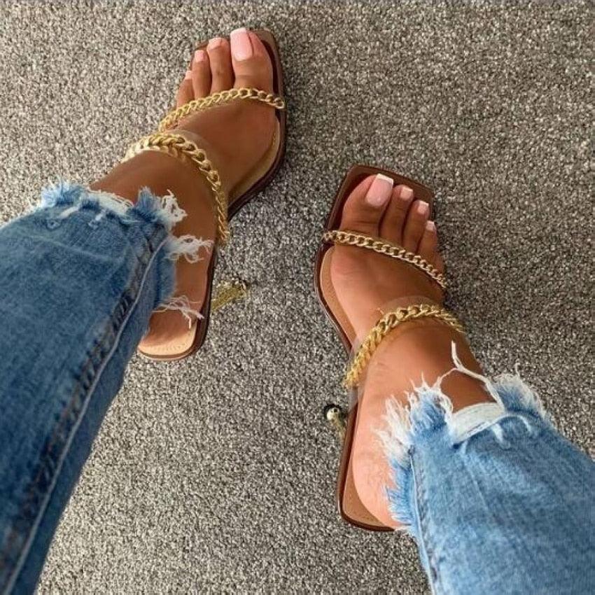 Summer Women Sandals Square Toe Ladies Heel Clear Transparent High Heels Slippers Fashion Chain Woman Open Toe Slip On Dress Luxury Party Backless Slides High Heels Slipper Stevvex