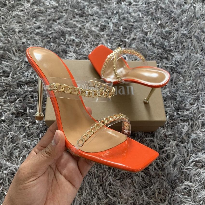 Summer Women Sandals Square Toe Ladies Heel Clear Transparent High Heels Slippers Fashion Chain Woman Open Toe Slip On Dress Luxury Party Backless Slides High Heels Slipper Stevvex
