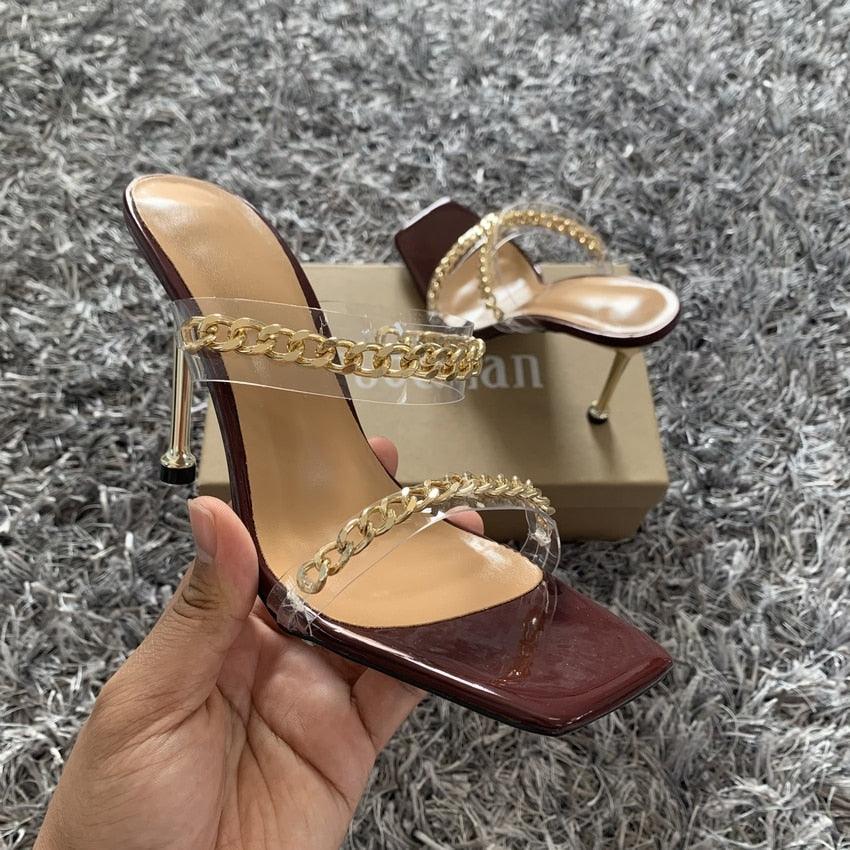 Summer Women Sandals Square Toe Ladies Heel Clear Transparent High Heels Slippers Fashion Chain Woman Open Toe Slip On Dress Luxury Party Backless Slides High Heels Slipper Stevvex