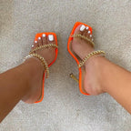Summer Women Sandals Square Toe Ladies Heel Clear Transparent High Heels Slippers Fashion Chain Woman Open Toe Slip On Dress Luxury Party Backless Slides High Heels Slipper Stevvex