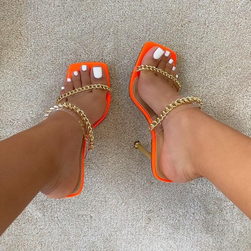 Summer Women Sandals Square Toe Ladies Heel Clear Transparent High Heels Slippers Fashion Chain Woman Open Toe Slip On Dress Luxury Party Backless Slides High Heels Slipper Stevvex