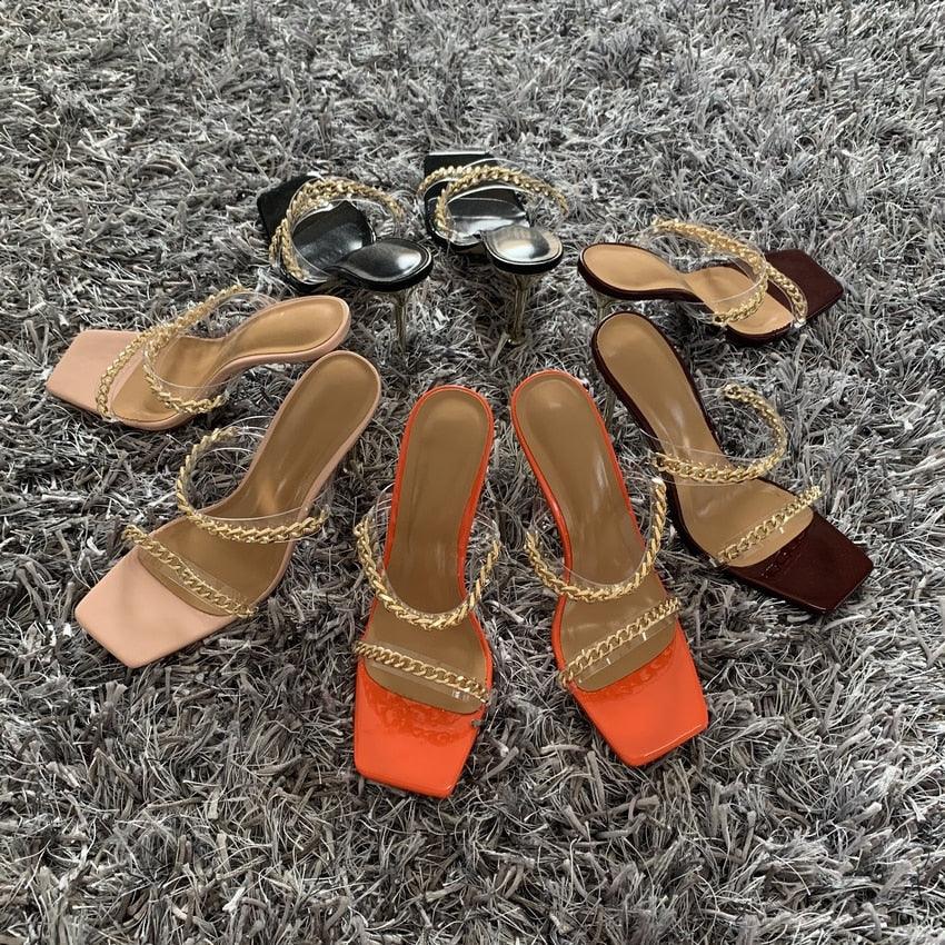Summer Women Sandals Square Toe Ladies Heel Clear Transparent High Heels Slippers Fashion Chain Woman Open Toe Slip On Dress Luxury Party Backless Slides High Heels Slipper Stevvex