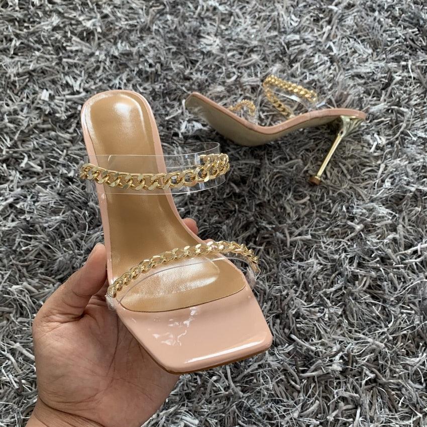 Summer Women Sandals Square Toe Ladies Heel Clear Transparent High Heels Slippers Fashion Chain Woman Open Toe Slip On Dress Luxury Party Backless Slides High Heels Slipper Stevvex