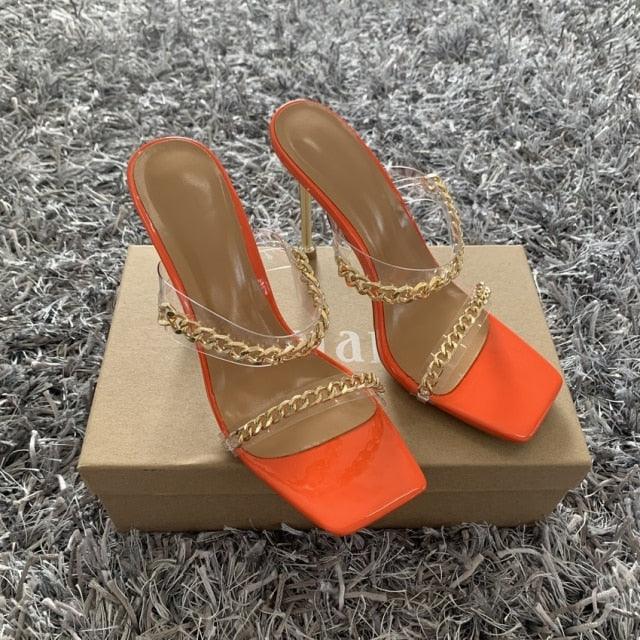 Summer Women Sandals Square Toe Ladies Heel Clear Transparent High Heels Slippers Fashion Chain Woman Open Toe Slip On Dress Luxury Party Backless Slides High Heels Slipper Stevvex
