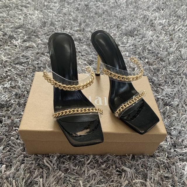 Summer Women Sandals Square Toe Ladies Heel Clear Transparent High Heels Slippers Fashion Chain Woman Open Toe Slip On Dress Luxury Party Backless Slides High Heels Slipper Stevvex