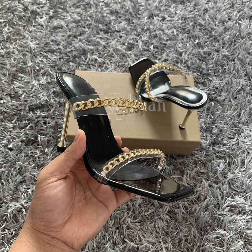 Summer Women Sandals Square Toe Ladies Heel Clear Transparent High Heels Slippers Fashion Chain Woman Open Toe Slip On Dress Luxury Party Backless Slides High Heels Slipper Stevvex