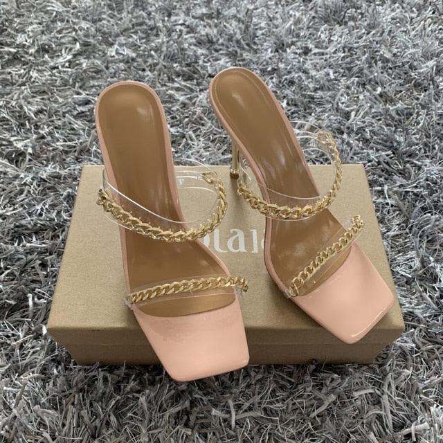 Summer Women Sandals Square Toe Ladies Heel Clear Transparent High Heels Slippers Fashion Chain Woman Open Toe Slip On Dress Luxury Party Backless Slides High Heels Slipper Stevvex
