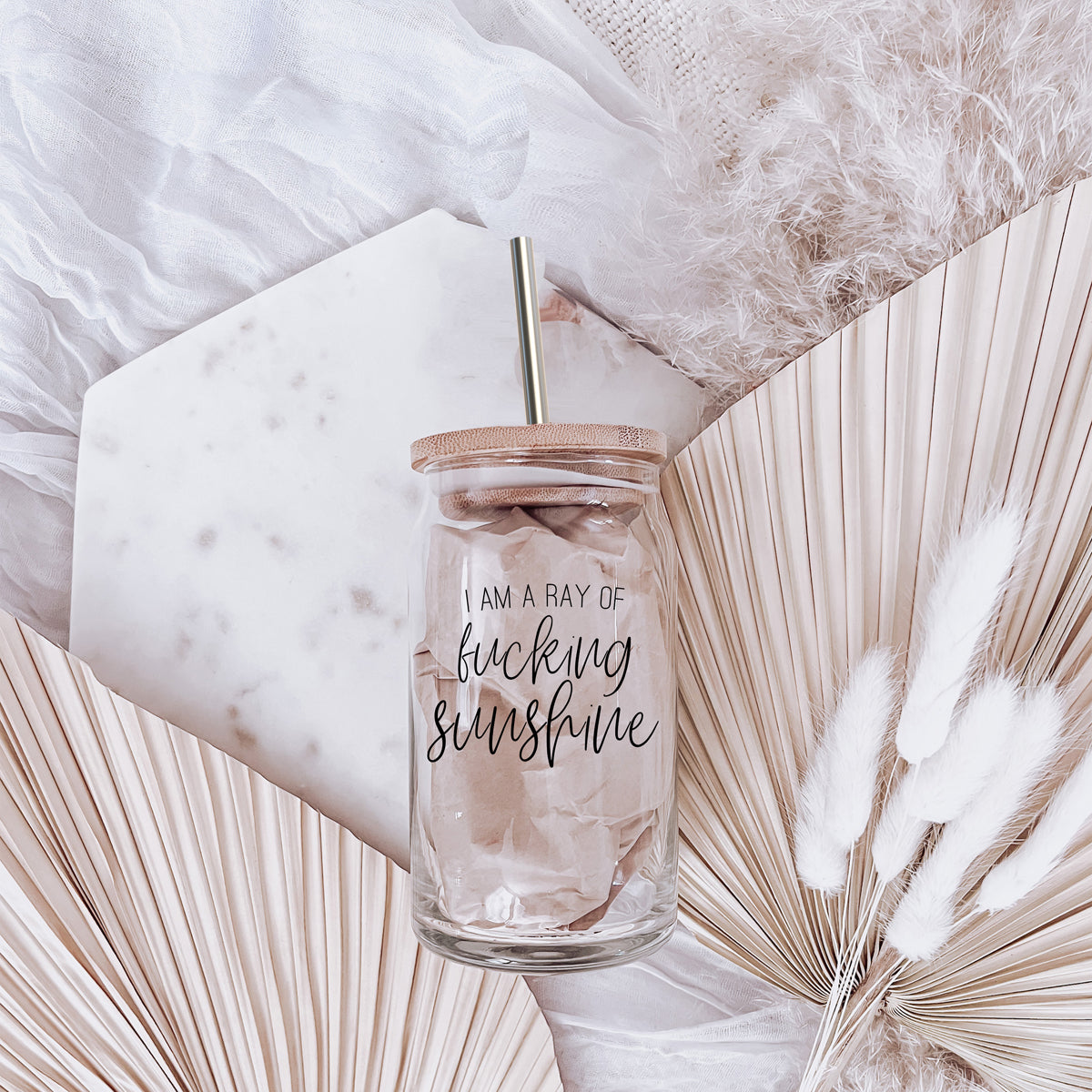 17oz Glass Tumbler With Bamboo Lid, 2 Stainless Straws and Cleaner, Sassy BandsCo Straps