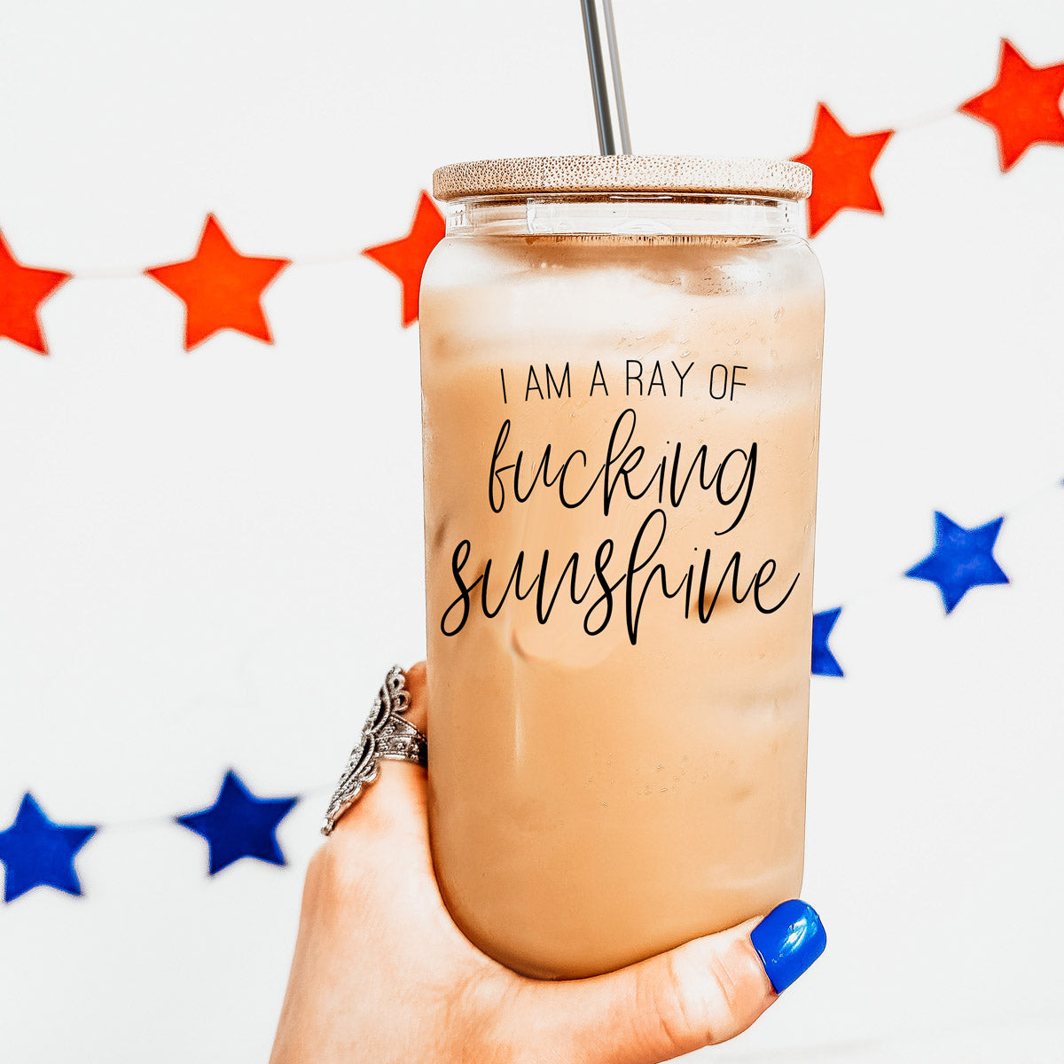 17oz Glass Tumbler With Bamboo Lid, 2 Stainless Straws and Cleaner, Sassy BandsCo Straps