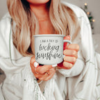 14.5oz Ceramic Campfire Mug White Sesame Glaze Speckled Ivory Black Lettering Design Both Sides Gift BandsCo Straps