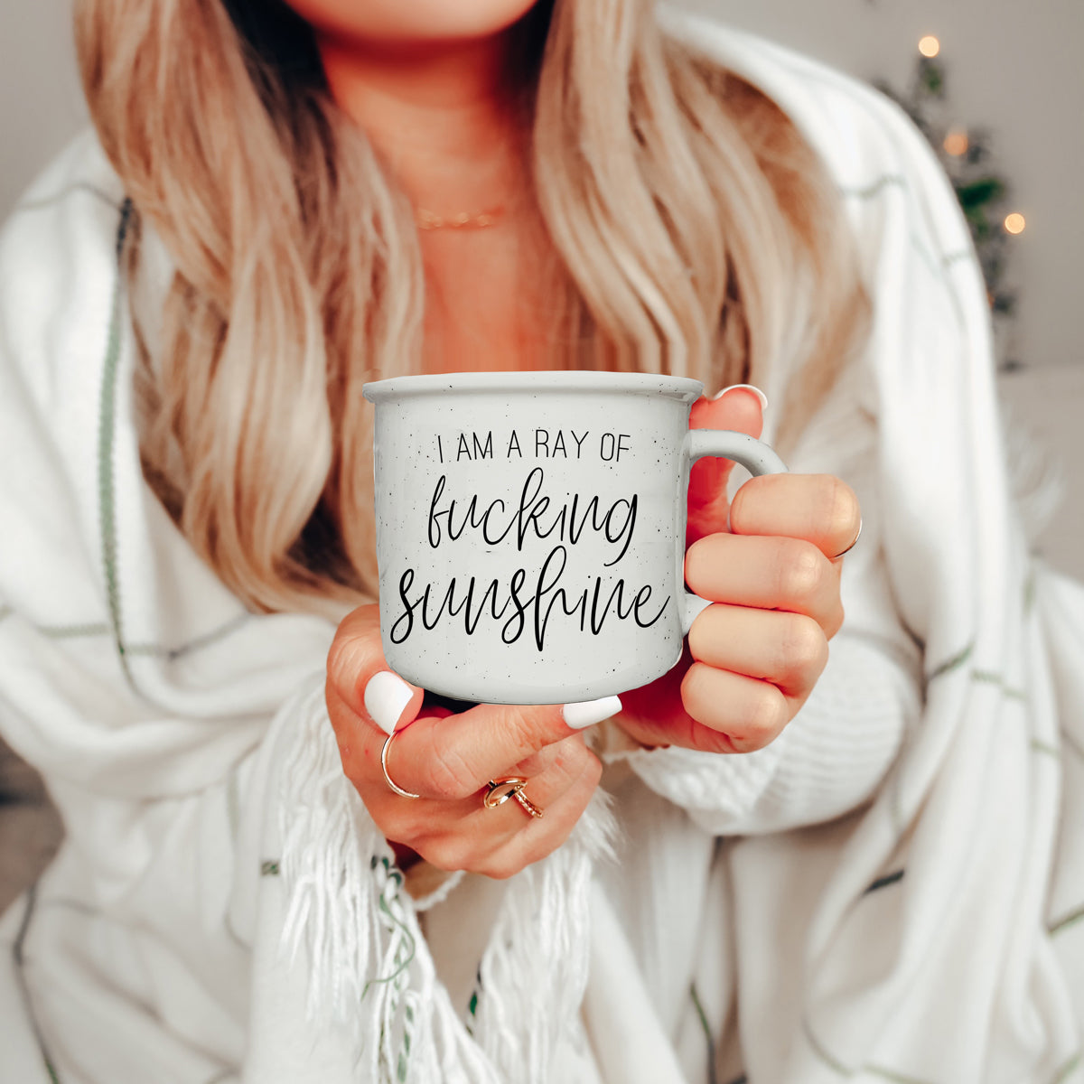 14.5oz Ceramic Campfire Mug White Sesame Glaze Speckled Ivory Black Lettering Design Both Sides Gift BandsCo Straps