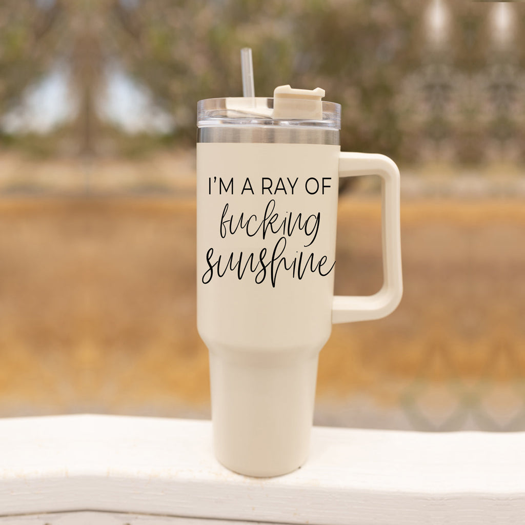 Ray Of Sunshine 40oz Insulated Travel Mug With Handle Lid And Straw BandsCo Straps