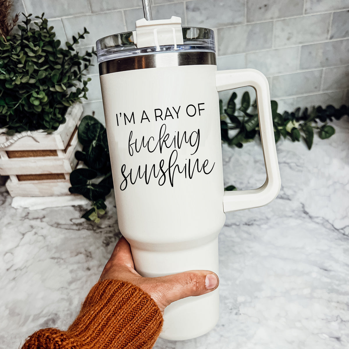 Ray Of Sunshine 40oz Insulated Travel Mug With Handle Lid And Straw BandsCo Straps