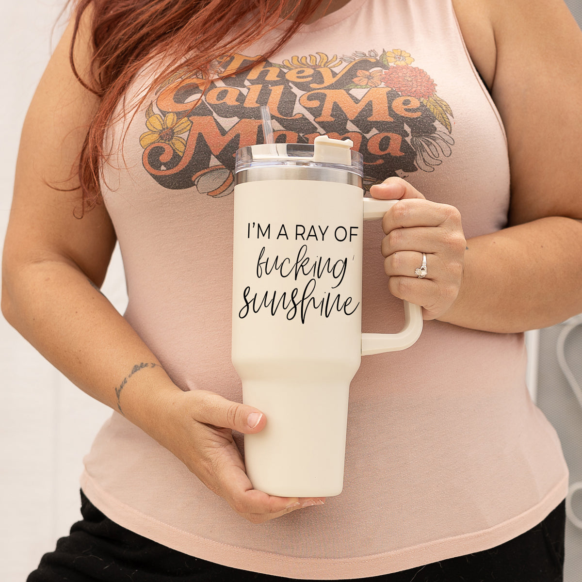 Ray Of Sunshine 40oz Insulated Travel Mug With Handle Lid And Straw BandsCo Straps