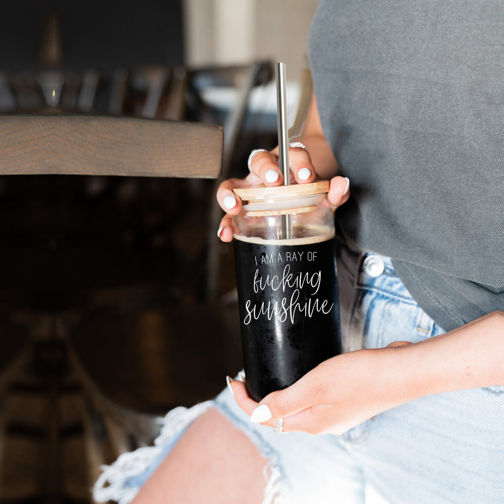 17oz Glass Tumbler With Bamboo Lid, 2 Stainless Straws and Cleaner, Sassy BandsCo Straps