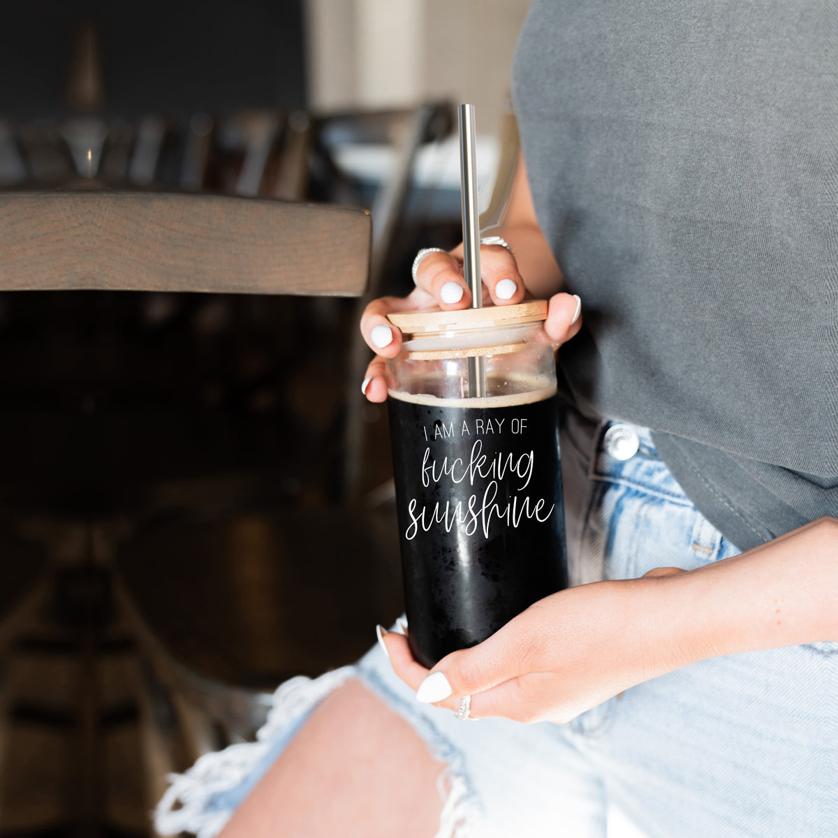 17oz Glass Tumbler With Bamboo Lid, 2 Stainless Straws and Cleaner, Sassy BandsCo Straps