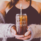 17oz Glass Tumbler With Bamboo Lid, 2 Stainless Straws and Cleaner, Sassy BandsCo Straps