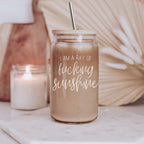 17oz Glass Tumbler With Bamboo Lid, 2 Stainless Straws and Cleaner, Sassy BandsCo Straps