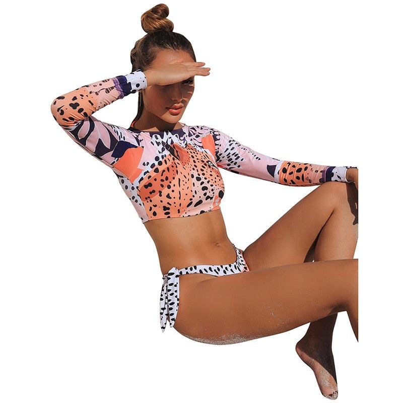 Surfing Swimsuit For Women  New Bikini Long Sleeve Swimwear Women's Swimsuits Crop Top Bikini Set Bathing Suit Long Sleeve Swimwear Tiger Print Push Up Summer Bath Suit Two Piece Stevvex