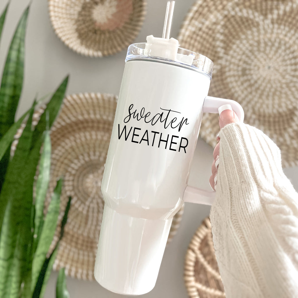 Insulated 40oz Travel Mug With Handle, Lid & Straw - Sweater Weather Fall Mug BandsCo Straps